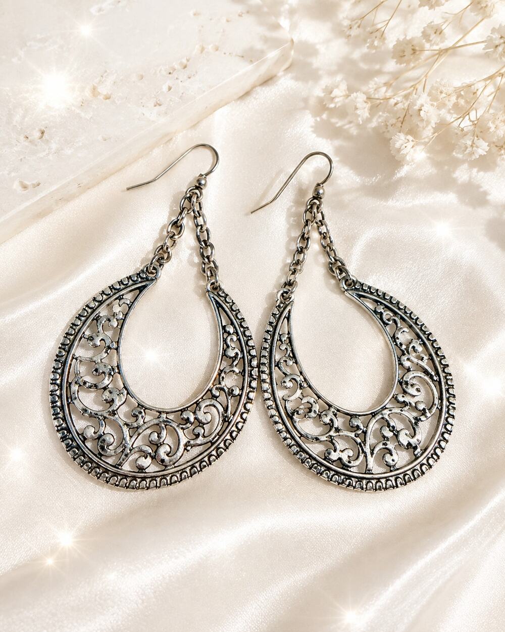 1928 Jewelry Silver Tone Filigree Crescent Hoop Dangle Earrings Boho